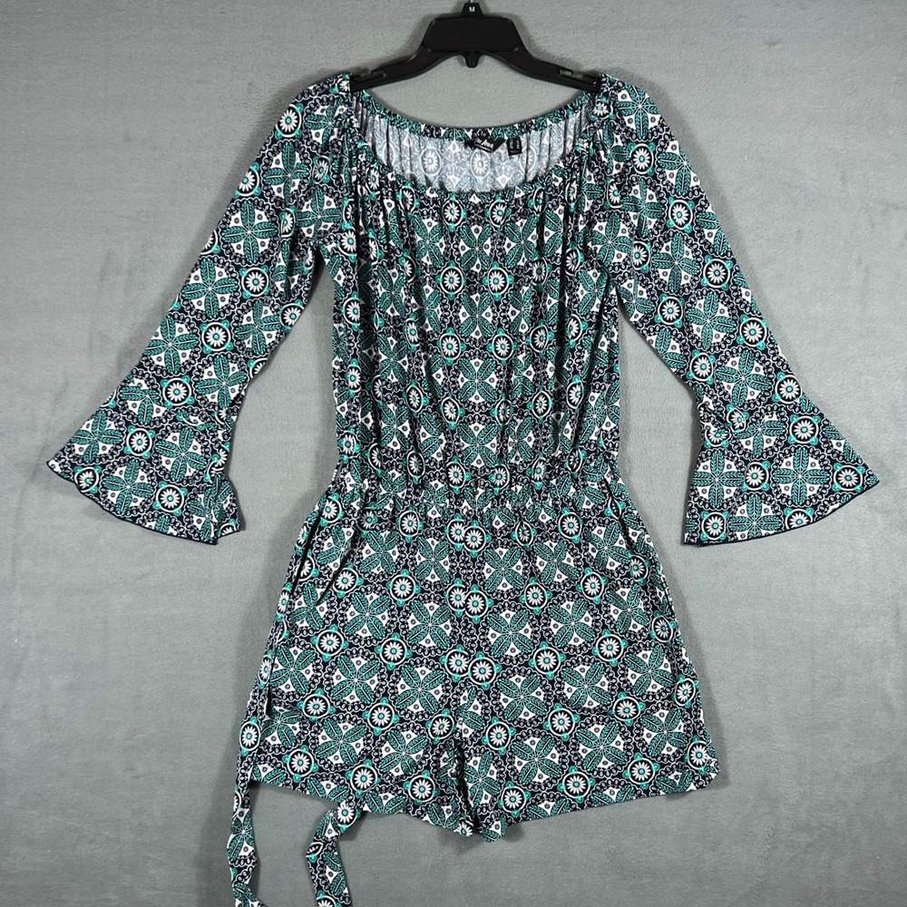 Du Jour Womens Romper S Green Geometric Boho Bell Sleeve Scoop Neck